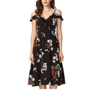 Floral Black Dress with bees and cherries